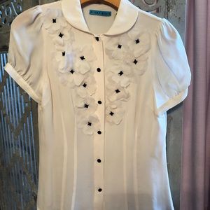 Alice & Olivia White Blouse Black Buttons SMALL